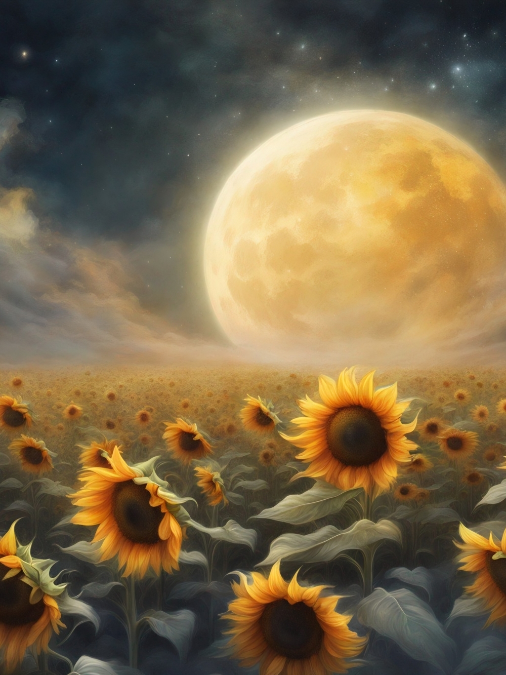 Moonlit Sunflower Field Art Print - Golden Yellow Wall Decor